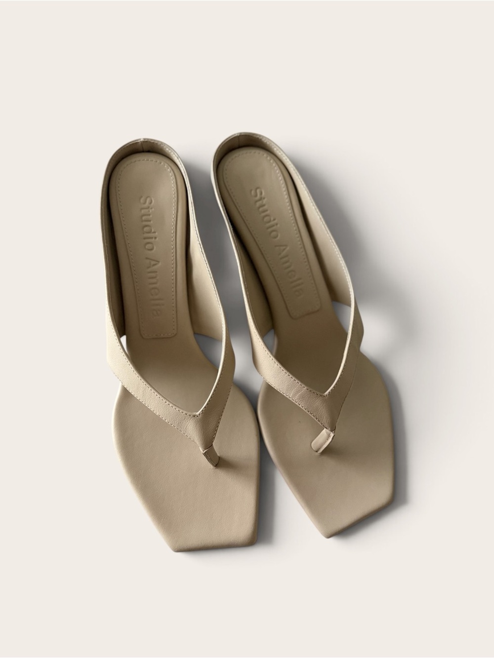 STUDIO AMELIA Neutral Beige Square-Toe Thong Heels